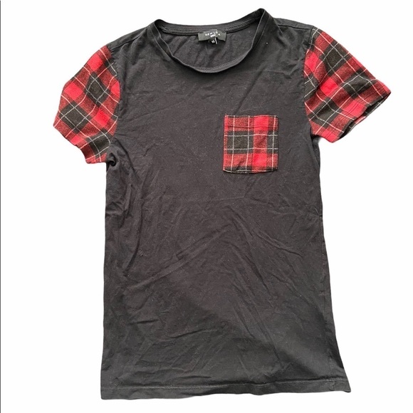 🔴 New Look Men’s Black & Red Plaid Pocket Tee - Picture 1 of 4